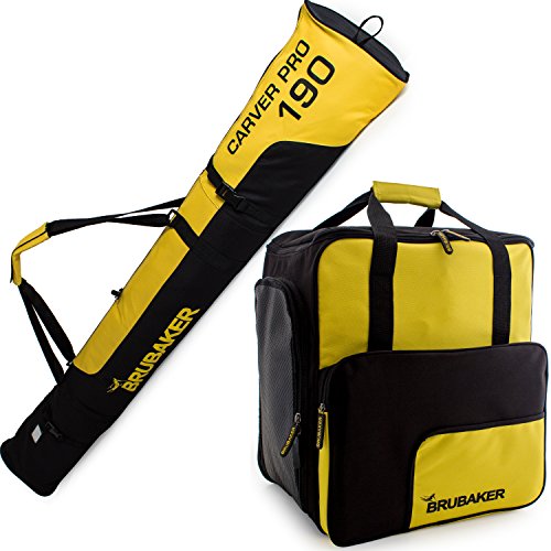 Brubaker Kombi Set Carver Pro - Limited Edition - Skisack und Skischuhtasche für 1 Paar Ski 170 cm oder 190 cm + Stöcke + Schuhe + Helm Gelb Schwarz – Bild 3