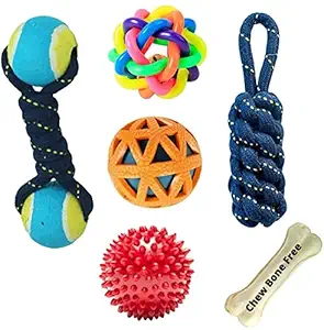 Petlicious & More? Teething Chew Toys Combo Dual Tennis, Corn Stick Rope, Rainbow, Spike & Ball in Ball for Small and Medium Size Dogs (6 in 1 Pack & One Chew 3 inch Bone Free)