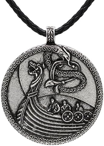 Viking Medieval Boat Ship Norse Odin Wolf Pendant Necklace Antique Silver Leather Scandinavian Knot Raven Mjolnir Ladies Men Norse Celtic Nordic Rune Talisman Saxon