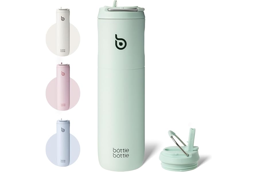 bottlebottle Stainless Steel Water Bottle with Straw and Lid, Sports Insulated Metal Water Bottle with Handle, Light Green, 700ml