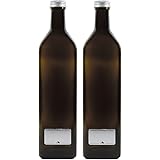 Mikken 2x grün-braune Glasflasche 1000ml, Ölflasche inkl. 2 Beschriftungsetiketten