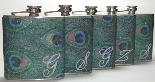Set of 5 Personalized Peacock Feather Glitter Flasks Wedding Bride Bridesmaids Sparkly 6 oz Stainless Steel Liquor Bar Hip Flask Gift by Giggle Juice Flasks