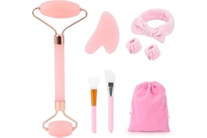 FIDWALL Set Rosa di Gua Sha e Rullo di Giada, Kit Massaggiatore Viso con Rullo di Giada e Pietra Gua Sha, Strumento di Skincare Preppy per Massaggio Rilassante al Viso, Guasha Viso e Collo