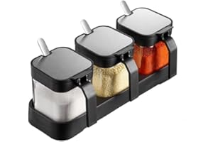 LOYUYU Condimento Jar Contenitore di Spezie con Coperchi e Cucchiai, 250ml Cancella Vasi per Condimenti in Vetro Set di 3, Cucina Conservazione di Alimenti Nero