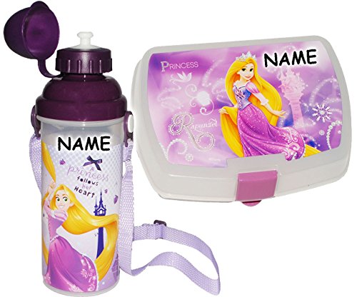 Preisvergleich Produktbild 2 tlg. Set: Brotdose + Trinkflasche - incl. Namen - Disney Rapunzel neu verföhnt - Brotbüchse Küche Essen für Mädchen Kinder Vesperdose Lunchbox - Brotkasten für Vesper Frühstück Brotzeitdose / Brotzeitbox - Prinzessin