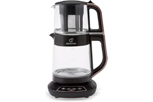 Karaca Çaysever Szklany czajnik elektryczny ze sprzężeniem zwrotnym, różowe złoto, 1,5 l, 1700 W, nie zawiera BPA, obudowa ze stali nierdzewnej, dzbanek do herbaty