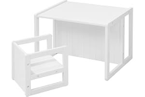 roba Sitzgruppe im Landhausstil für Kinder - Hocker & Kindertisch - Umwandelbar zur Kinderbank - Kindersitzgruppe ab 2 Jahren - Holz weiß