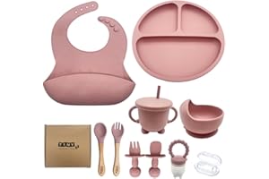 TINY TRENDSETTERS Baby Weaning Set – 11 Pcs BPA Free Silicone Feeding Set with Suction Plate & Bowl, Adjustable Bib, Spoon & Fork, Sippy Cup, Fruit Feeder & Toothbrush 6M+