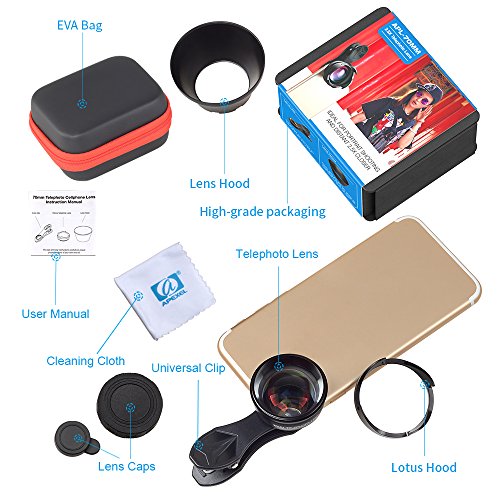 Apexel 70mm Lens, obiettivo professionale della fotocamera telefonica HD, obiettivi della fotocamera per telefoni cellulari con clip ottico da 2,5x ottico per iPhone iPad Samsung LG (perfetto per i ritratti di strada, foto di avventura e viaggi)