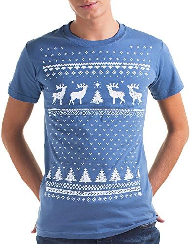 Mens Retro Christmas Reindeer T-Shirt - Denim Blue - Great Alternative to The Christmas Jumper
