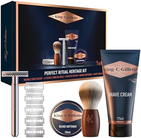 King C. Gillette Men's Optimal Heritage Ritual Kit per Barba Profumata, Cofanetto Regalo Uomo, Rasoio Di Sicurezza Barba Manuale, 5 Lamette King C. Gillette, Pennello Da Barbiere, Crema e Ammorbidente