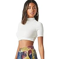 Dream Beauty Fashion Casual Solid Short Sleeves High-Neck Crop Top (15" Inches Approx)