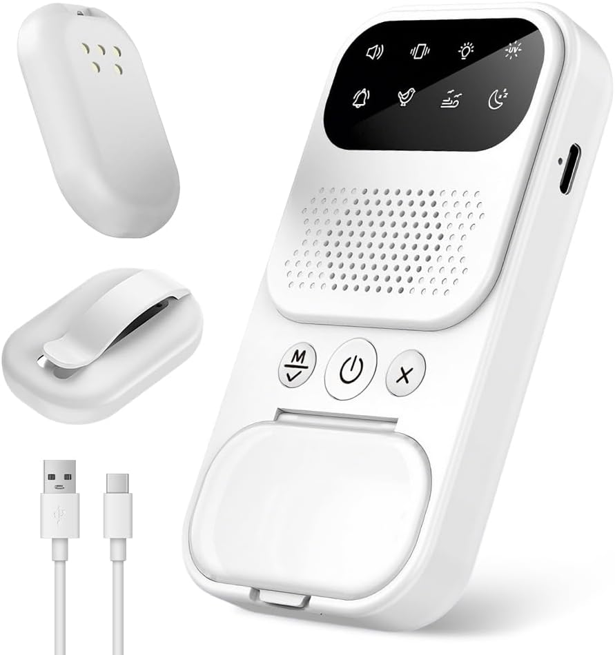 XPJBKC Alarma Enuresis Nocturna Niños, Inalámbrico Enuresis Alarma con Desinfección UV, con Vibración y Tono de Llamada, Carga USB y Alcance de 10 m, Aprendizaje para IR al Baño (Blanco)