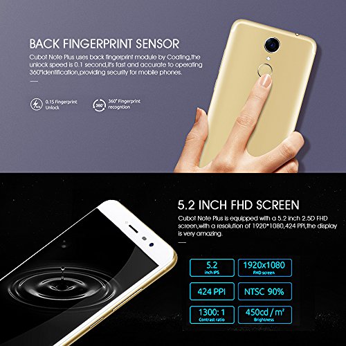 CUBOT Note Plus Smartphone 4G LTE Ohne Vertrag mit Fingerabdruck-Sensor, 5.2-Zoll-IPS-Bildschirm, Dual RÃ¼ckkamera, Dual SIM Standby, Android 7.0, 3GB RAM + 32 GB ROM, Bluetooth, GPS, WiFi(Golden)
