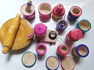 thenkumari wood eco friendly wooden kids toy kitchen set new model with cylinder, stove and kids chakla belan combo- Multi color