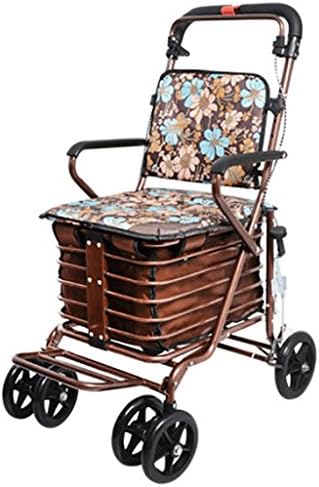 M&amp;A Elderly Walker Foldable Portable Trolley 4 Wheel Shopping Cart Comfortable Chair , Gold
