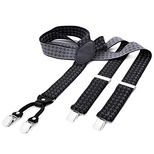 DonDon tirantes anchos 3,5 cm para hombres con 4x clips con cuero en forma de Y - elástico y longitud ajustable - de cuadros en negro gris blanco