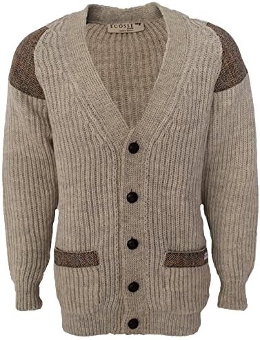 Niffi Ecosse Chunky Knit Cardigan | Harris Tweed Patch | Leather Buttons | British Wool | # 41119