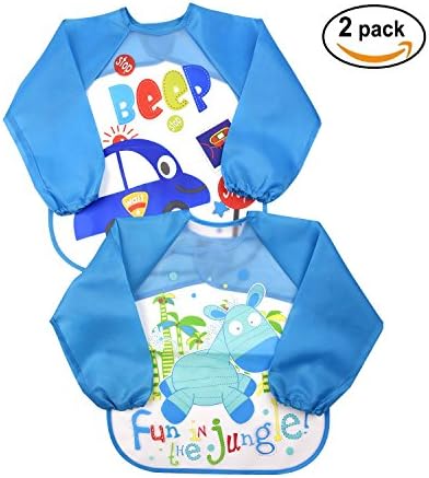 Skroad 2 Pack Baby Bibs, Kids Waterproof Long Sleeve Feeding Bibs with Long Sleeve, Unisex for 6 - 36 Months Infants / Toddlers - Deep Blue