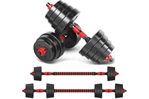 Riscko Juego de Mancuernas 2 en 1 10,15,20,30,40 y 50kg con Barra Recta Ajustable discos Recubiertos