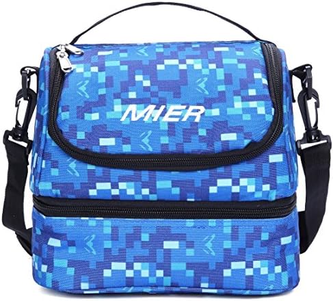 Insulated Lunch Bag Double Decker Cooler Lunch Box Tote with Shoulder Strap, Navy Blue