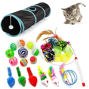 iCAGY Cat Tunnel Toys for Indoor Cats Interactive, 25 Assorted Cat Stuff Toys Pack Including Crinkle Tunnel Ball Wand Teaser Feather Mouse Mice Spring Assortment Kit for Cats Kittens Rabbits Puppies