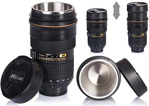 VENKON – Ausdrehbarer Trinkbecher Tasse in Kameraobjektiv Design – ausdrehbar – für Kaffe, Tee, Kakao, Milch, Wasser, etc. – 0.3l, schwarz - 2