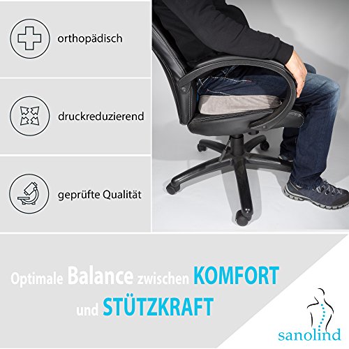 Sanolind® Orthopädisches Druckentlastungskissen, Sitzkissen gegen Rücken- und Steißbeinschmerzen. Ergonomisch geformter und stabiler Visco-Gelschaum für schmerzlinderndes Sitzen. Farbe grau. - 3