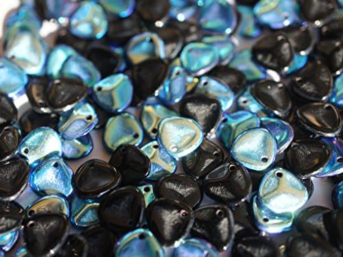 50pcs Rose Petal Beads - Czech Pressed Glass Beads in the form of rose petals, 7x8 mm, Jet Black AB