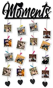 TRENDZ DECOR Wooden Moments Display Collage Photo Hanging Picture Board with 16 Multicolor Clips - (45x20x1 cm) (Black)