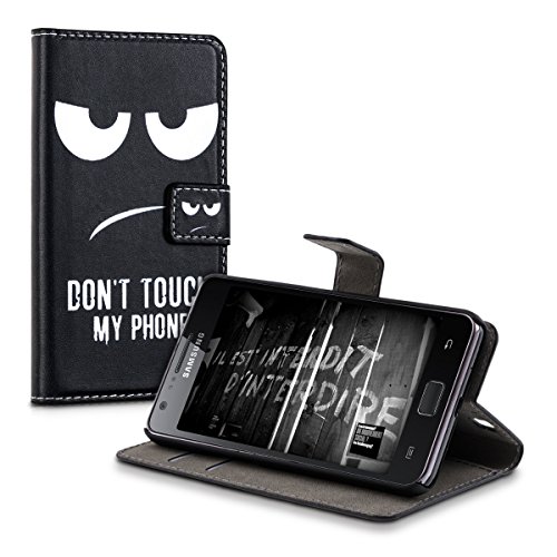 kwmobile Custodia portafoglio per Samsung Galaxy S2 S2 PLUS - Cover a libro in simil pelle Design Don't touch my phone Flip Case con porta carte funzione appoggio bianco nero