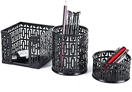 Metal Mesh Computer Desk Tidy Organiser Office Supplies Set of 3 Pieces, Scratch-resistant (Black, A)