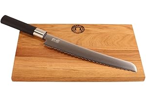 PALATINA WERKSTATT Kai Wasabi Black Offerta Set | Coltello da pane Wasabi, lama da 23 cm con bordo seghettato + tavola in legno di botte fatta a mano 30x18 cm