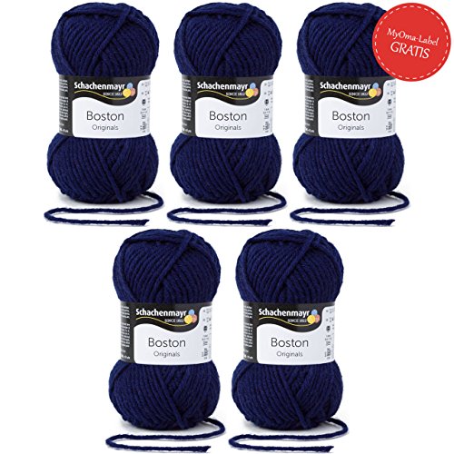 Boston Schachenmayr - 5 Knäuel + GRATIS MyOma Label - blaue Wolle stricken häkeln - Nadelstärke 7-8 mm - Schachenmayr Wolle Boston in indigo (Fb 54) - Schnellstrickwolle 50 g/Knäuel