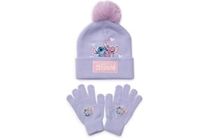 Disney Lilo & Stitch Girls Hat & Gloves Set – Kids Bobble Beanie & Stretch Gloves, Purple Knitted Winter Accessories, Official Merchandise, 100% Acrylic