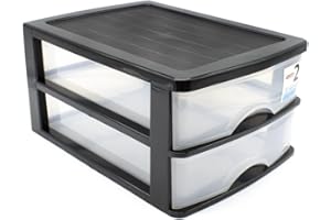 CABLEPELADO Torre de Almacenamiento con 2 cajones sobremesa, Organizador de Escritorio, Caja de Almacenamiento de Escritorio,18.5 cm Alto x 26 cm Ancho x 35 cm Fondo, Negro y cajones Transparentes