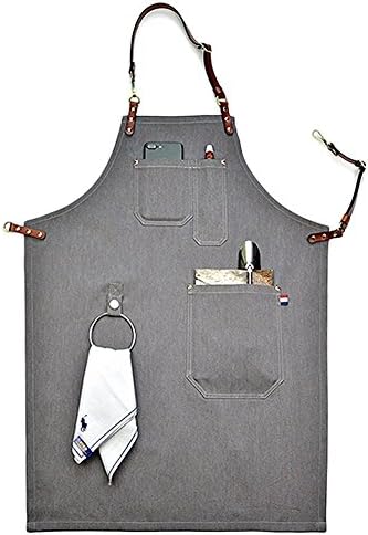 cleanpower Unisex Denim Aprons Adjustable Leather Strap Chef Kitchen Apron Workwear with Tool Pocket (Small)