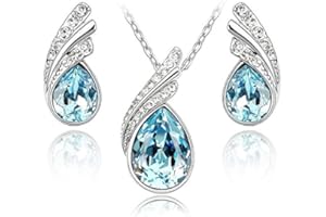 Crystalline Azuria Women 18ct White Gold Plated Teardrops Blue Simulated Aquamarine Crystals Set Pendant Necklace 17.7 inches Earrings
