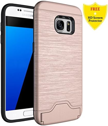 idatog Galaxy S7 Case + Free HD Screen Protector, 2 in 1 [with Card Holder] ShockProof Bumper Hybrid Rugged Armour Dual Layer PC + Soft Silicone TPU Protective Cover Case Samsung Galaxy S7 (Pink)