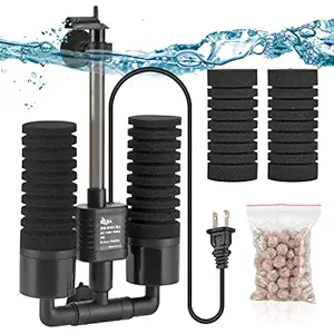 AQQA Aquarium Electric Power Sponge Filter,3W/5W Silence Submersible Foam Filter,Sponges Bio Ceramic Media Balls Double Filter for Saltwater Freshwater Fish Tank