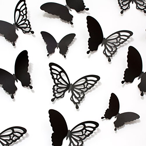 Wandkings 3D Schmetterlinge in SCHWARZ mit Ornamenten / Muster, 12 STÜCK im Set mit Klebepunkten - 2