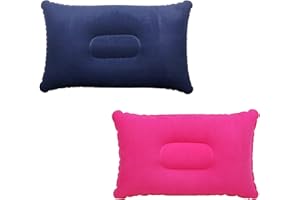 RICHSTORY 2Pcs Inflatable Pillows for Camping, 34*22cm Ultralight Compact Blow Up Pillows, Soft Flocked Surface Portable Compressible Pillow for Travel Outdoor Sunbathing Neck Support (Rose Red & Dark Blue)