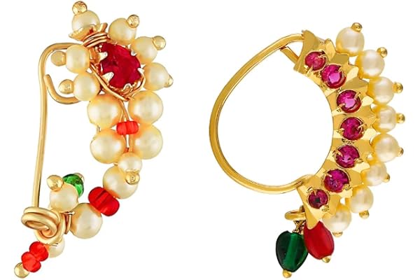 Vail Creations Small Size Traditional Maharashtrian Nose ring for women without piercing Pearl Gold Plated Nath Clip On Nose