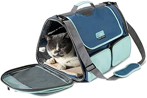 KIEPOAR Transportín Porta Mascota Gato Perro 10kg, Bolsa de Hombor Transporte Grande con 3 Entradas, Aprobada Aerolínea para Viaje, Bolsa de Mano Transportador Plegable Transpirable Impermeable