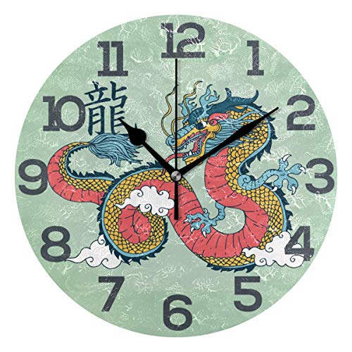 SENNSEE Colorful Chinese Dragon Wall Clock Acrylic Decorative Round Clock Art for Home Decor Bedroom Living Room