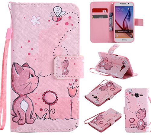 Feeltech Samsung Galaxy J5/J5 2015 Hülle PU-Leder und Brieftasche Bunte Muster Fall mit Magnetverschluss, Hybrid-Kickstand mit Stand-Funktion, schlagen Sie schützende weiche TPU Stoßstangenabdeckung und Kreditkartenhalter für Samsung Galaxy J5/J5 2015 Handgelenk Bügel-Buch-Art-Geldbeutel-Tasche mit 2 In 1 Berühren Sie Stift – Rosa Katze - 8