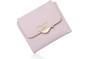 Roulens Mały portfel dla kobiet blokowanie RFID skóra PU liść wisiorek etui na karty organizer zamek błyskawiczny portmonetka na monety, różowy, S, Współczesny