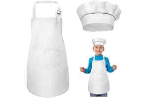 WEONE Niños Delantal y Gorro de Cocinero, Ajustable Delantal Infantil con 2 Bolsillos para Niños Niñas, Niñito Delantales de Cocina de Chef para Cocinar Hornear Pintar Artesanía (7-13 Años)