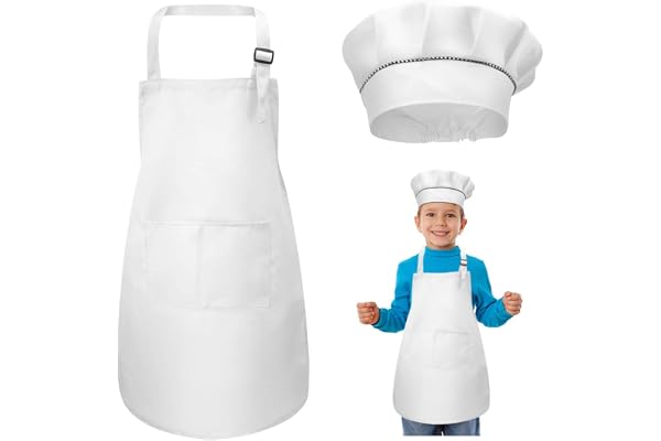 WEONE Tablier Enfant et Chapeau de Chef Set, Réglables Tabliers de Cuisine avec 2 Poches pour Filles Garçons, Bambin Tablier de Chef de Jardin pour Cuisson Peinture l'artisanat (7-13 Ans)