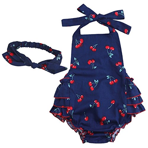 TiaoBug Baby Girls Floral Cherry Ruffles Romper Bodysuit Summer Dress with Headband Navy Blue Cherry 6 Months